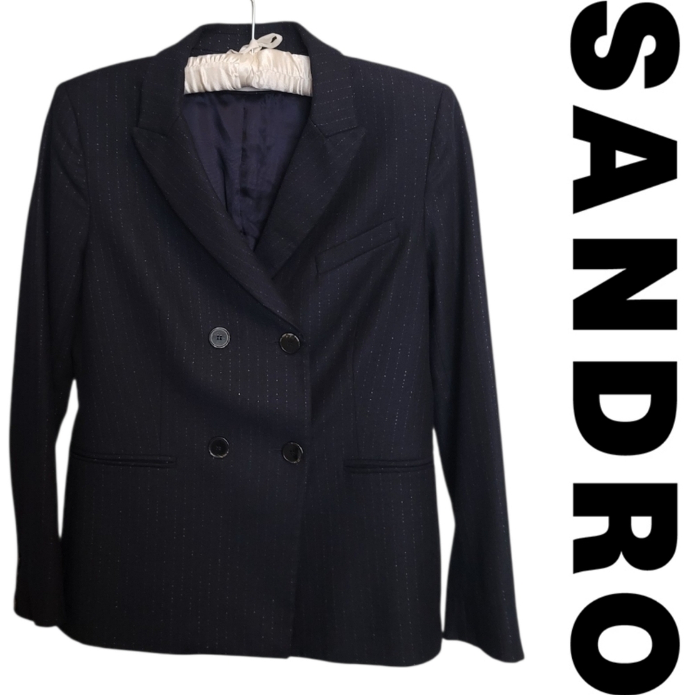 Sandro Metallic Pinstripe Wool Blend Blazer in Navy Blue